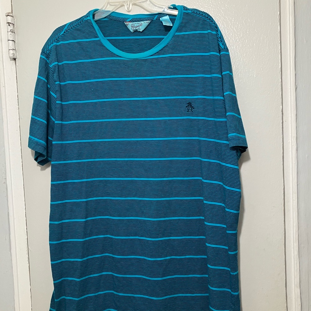 Original Penguin Men's Teal and Black Striped Tee🥰🥰❤️